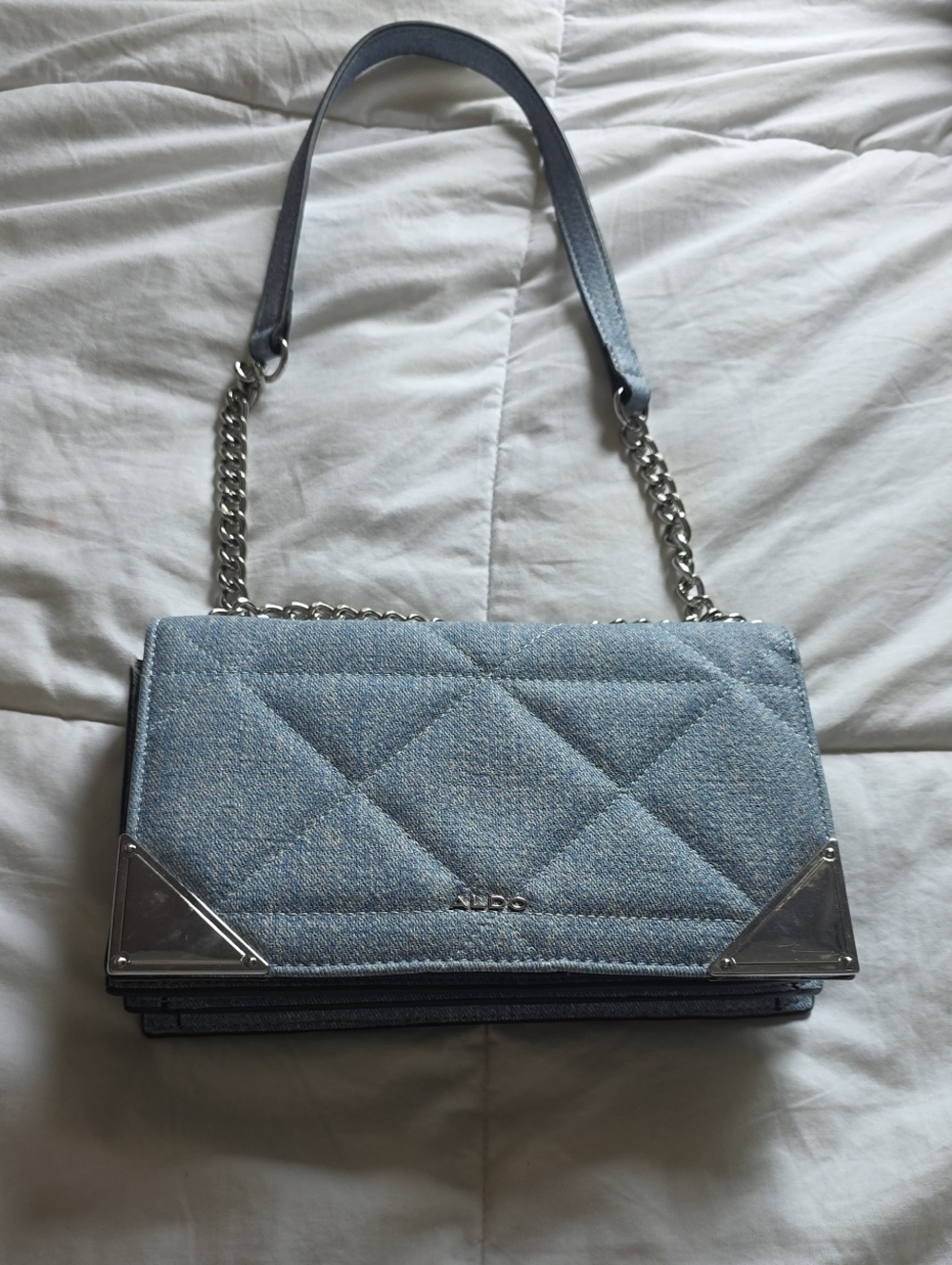 ALDO Light Blue Quilted Denim Shoulder Bag with Silver Accents